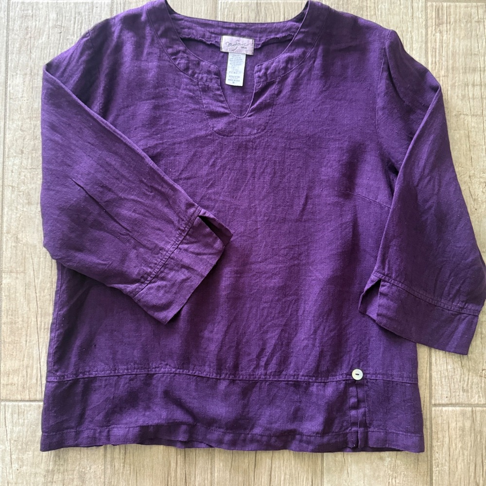 Mosaic USA Purple 100% Linen Tunic Top Blouse Medium USA Made 3/4 Sleeve V-Neck